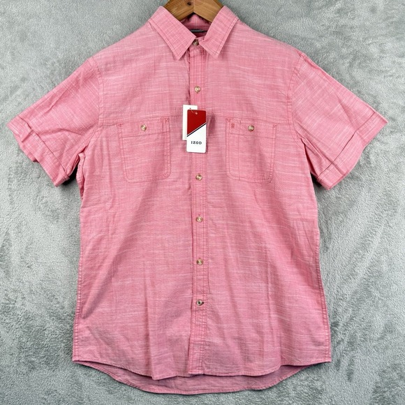 Izod Dockside‎ Chambray Button Up Camp Shirt Mens L Red Preppy Easter NWT - Picture 1 of 10